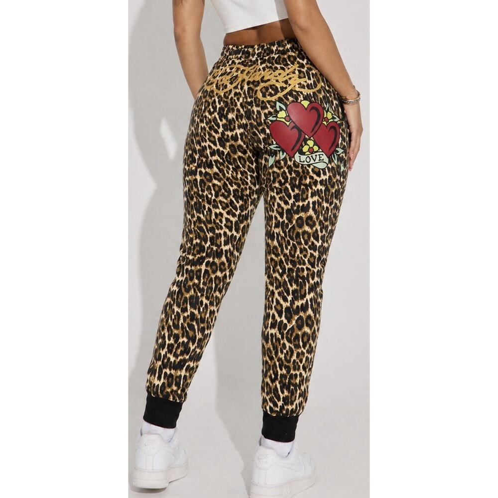 Ed Hardy Leopard Animal Print Joggers Plus Size 2X Heart Graphic Y2K Sweatpants